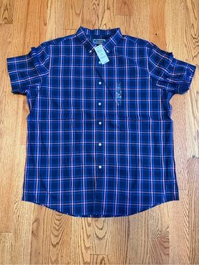 Izod Navy and Pink Plaid Short-Sleeve Button-Down Shirt